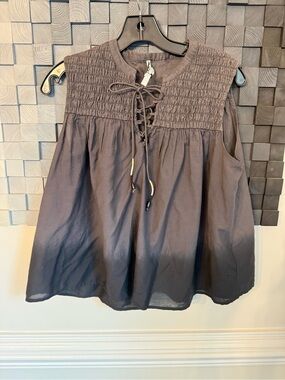 Smocked Lace-Up Sleeveless Blouse in Dip Dyed Charcoal